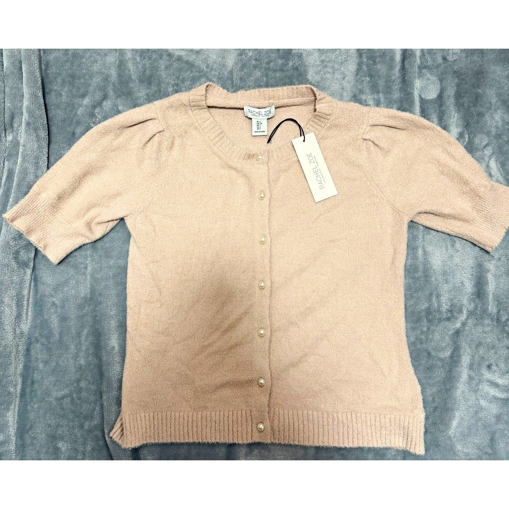 Rachel Zoe Pink Knit Cardigan Sweater Button Front Short Sleeve Crew Neck S